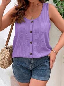 SHEIN VCAY Áo ba lỗ cổ tròn màu trơn cỡ lớn cài nút phía trước thường ngày đi nghỉ - Màu Lilac Tím - Xem 3