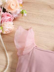SHEIN Cute Baby Girl Summer Pink Patchwork Organza Ruffle Jumpsuit - Pink - View 5