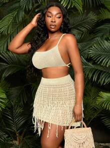 SHEIN SXY 2 件套大码女式 2025 春夏新款度假 3D 花卉 + 渐变色 + 镂空设计喇叭袖短款上衣和美人鱼裙套装，适合海滩度假、约会之夜、生日、单身派对装，可爱、休闲、购物、街头服饰、外出，易于搭配且看起来苗条，突出您的身材，修饰身材 - 杏色 - 查看 7