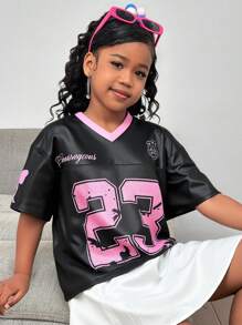 SHEIN Tween Girls' Casual Streetwear V-Neck Knit Splicing Mesh Oversize Loose Bat Sleeve Short Sleeve T-Shirt With Text & Number & Bow Print, Black