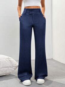SHEIN Tall Women's Casual Striped Low-Waist Pants, Spring - Royal Blue - View 1