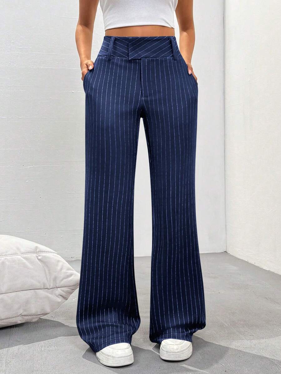 SHEIN Tall Women's Casual Striped Low-Waist Pants, Spring - Royal Blue - View 1