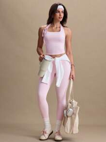 Easify SHEIN Sport Women's Pink Adjustable Halter Loose Fit Backless Casual Comfortable Waist Drawstring Sports Vest, Spring/Summer
