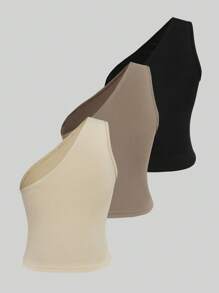 3-Piece Set Women Solid Color Frill Trim One Shoulder Top - Multicolor - View 2