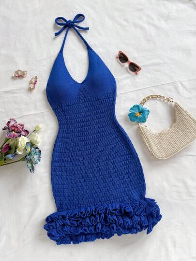 Soleia Vacation Halter Neck Backless Ruffle Trim Knitted Dress