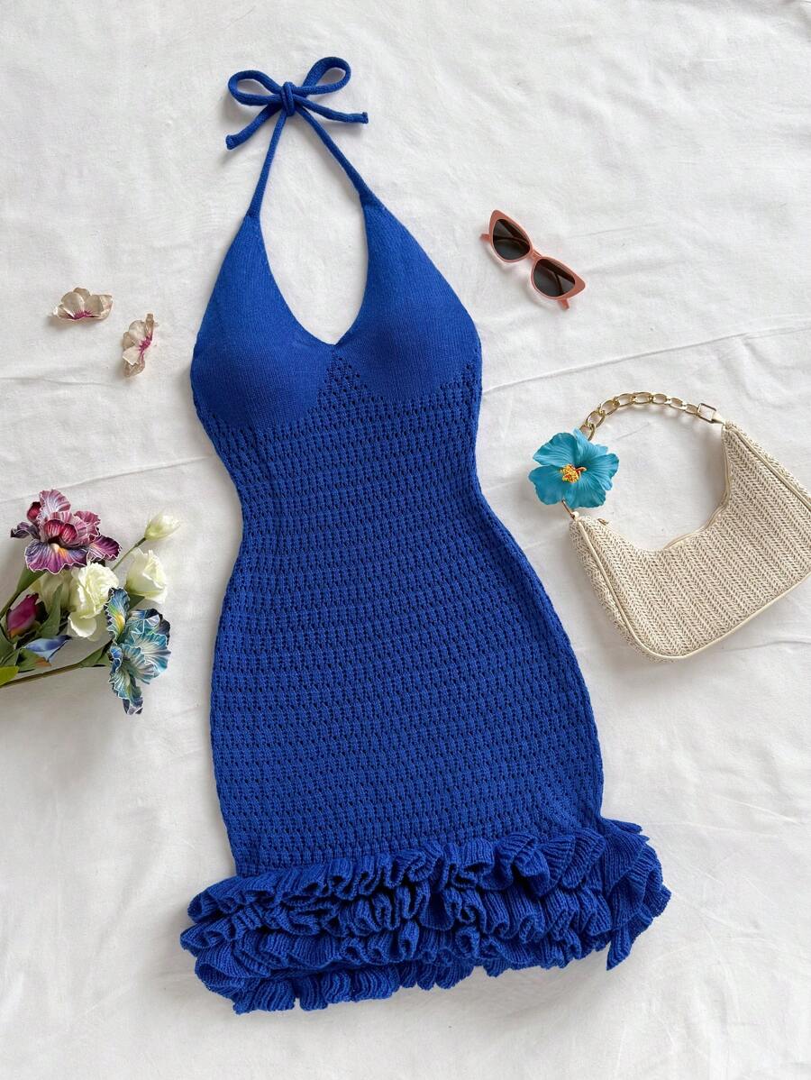 Soleia Vacation Halter Neck Backless Ruffle Trim Knitted Dress