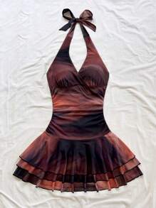 Soleia 扎染露背 V 领褶饰网眼浪漫迷你连衣裙，适合节日、约会之夜、情人节、下午茶