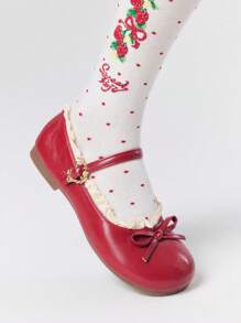 ROMWE Kawaii Women's Red Mary Jane Loafers, Closed Toe, Bow Lace Lolita Ballet Flats For Christmas - Red - View 3