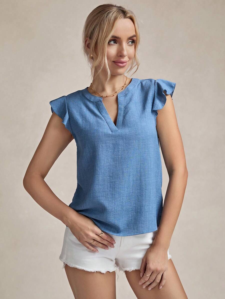 Wildy Women'S Notched Collar Cap Sleeve Blouse With Flared Sleeves