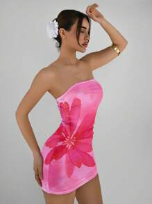 Aloruh 优雅女士性感抹胸修身雏菊花卉印花休闲夏装，适合度假和春假旅行 - 彩色 - 查看 4