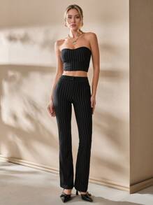EURMUSE Striped Print Tube Top & Trousers - Black - View 5