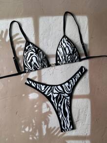 Swim Vcay 2 件春假动物印花拼接金色配饰上衣和高开叉性感比基尼泳裤套装 - 黑與白 - 查看 6
