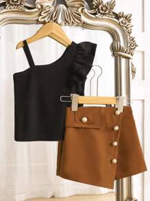 2pcs Set Young GirlSummer Casual Outfit - Ruffle Strap Cami Top And Solid Color Shorts With Belt, Suitable For Leisure And Commute - Multicolor - View 3