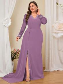 Coutiva Đầm cocktail bó sát dệt kim màu xanh lam thanh lịch cỡ lớn - Màu tím - Xem 1