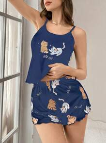 Cute Cat Print Ruffle Trim Camisole And Shorts Sleepwear Set - Multicolor - View 6