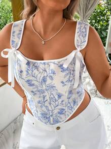 SHEIN VCAY Plus Size Women Vintage Floral Jacquard Drawstring Tie Waist Fitted Camisole Tank Top - Blue - View 4