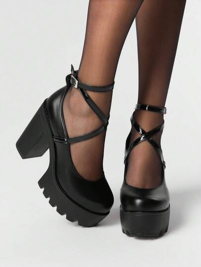 Dark Gothic & Punk Rock Closed Toe Cross Strap Mary Jane Chunky Heels, Strap Dressy Work Shoes, Waterproof Platform Women High Heels, Halloween