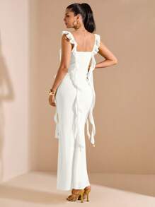 SHEIN BAE 春夏纯黄色荷叶边下摆修身雪纺长款美人鱼裙，黄色连衣裙，婚礼伴娘短款礼服 - 白色 - 查看 5