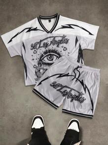 Manfinity EMRG Men's Mesh V-Neck Printed T-Shirt + Drawstring Short Sleeve Suit Set - Multicolor - View 3