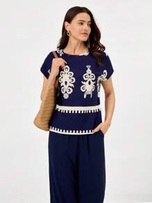Miaspire Two Pieces Summer Set Bohemian-Style Printed Top & Casual Solid Color Pants Set, Suitable For Beach Vacations