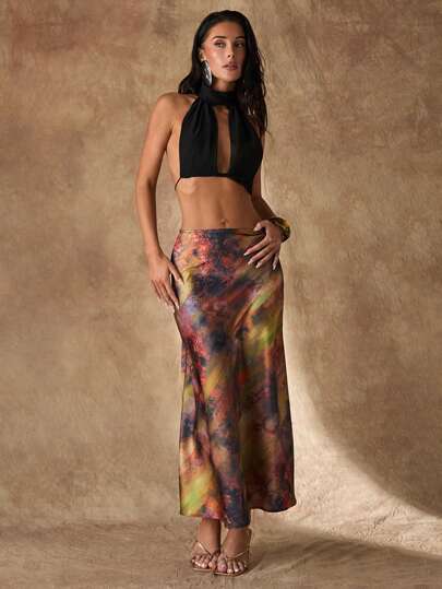 Glamine 女士缎面印花 A 字裙，优雅百搭