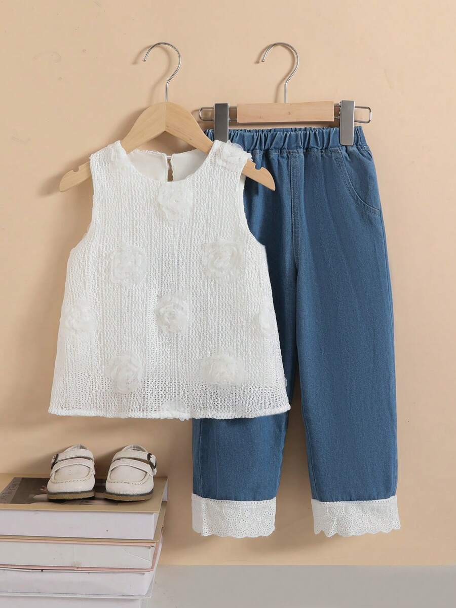 SHEIN Bộ đồ 2 món thường ngày họa tiết hoa mùa hè cho bé gái - trắng - Xem 1