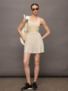 Activina Women Solid Color Mesh Patchwork Sleeveless Activewear Dress, Suitable For Tennis, Ping Pong - Khaki - View 1