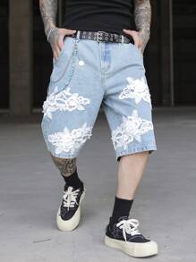 Manfinity EMRG Men's Floral Applique Pocket Casual Versatile Denim Shorts