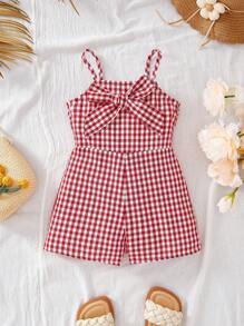 SHEIN 妈妈和我可爱格子蝴蝶结吊带连体衣，夏季 - 紅白色 - 查看 3