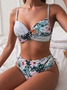Swim Lushoire Conjunto de traje de baño, diseño de estampado aleatorio, con aros, bikini de flores con push-up y cintura alta, conjunto de bikini de dos piezas