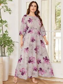 Lacomfia 休闲花卉印花圆领 3/4 袖抽绳腰部宽松长裙，大码女装，春夏