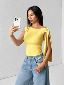 SHEIN PETITE Solid Color Asymmetrical Shoulder Tie Up Blouse, Yellow Top Fashionable Summer Item
