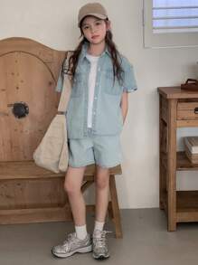 DAZY 2 Stück Set aus Jeans Hemd und Jeans Shorts für Tween-Mädchen, Sommer - Helle Waschung - Übersicht 2