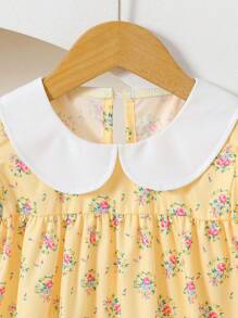 SHEIN Vintaside Kids Young Girls Elegant Sweet Cute Ditsy Floral Colorblock Peter Pan Collar Puff Sleeve Hem Ruffles Decor Casual Pastoral Princess Dress, Suitable For Holiday Party, Birthday Gift, Vacation Travel, Summer