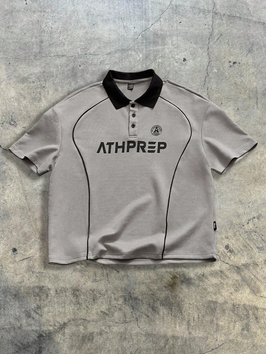 AXEPEAK 男士印花短袖宽松针织 Polo 衫，学校风 - 灰色 - 查看 1