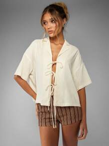 MISSGUIDED Quần short cạp cao sọc họa tiết phong cách nghỉ dưỡng cạp chun vải lanh mặc ở nhà đi nghỉ hè bãi biển thường ngày - Cà phê nâu - Xem 5