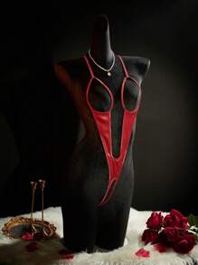 PU 皮革镂空开裆超性感女式紧身衣，外出必备 - 酒紅色 - 查看 4