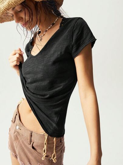 Bohemela Camiseta de mujer regular de unicolor de manga corta y cuello en V