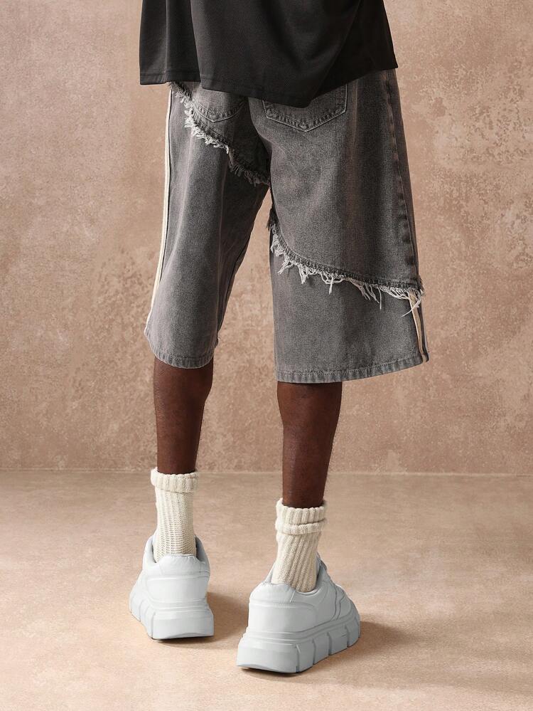 Distressed Baggy Raw Edge Denim Shorts With Side Stripe