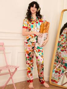 可爱水果和花朵印花缎面女士睡衣套装节日季