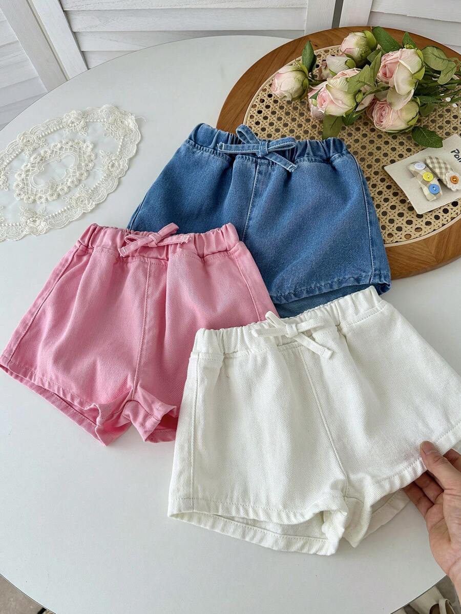 SHEIN Young Girl 3-Pieces Set Of Cute, Loose And Comfortable Denim Shorts In White, Blue And Pink, Kid Girls Spring And Summer Casual Vacation Country Boho Wear - Light Wash - View 1