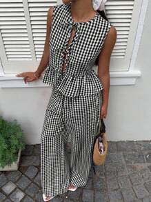 SHEIN EZwear Women 2pcs Sleeveless Tank Top & Pants Set With Tie Front, Black & White Plaid, Summer