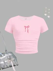 SHEIN Tween Girls Butterfly Print Fitted Casual Knit Pink Round Neck Ruffle Short Sleeve T-Shirt, Suitable For Summer