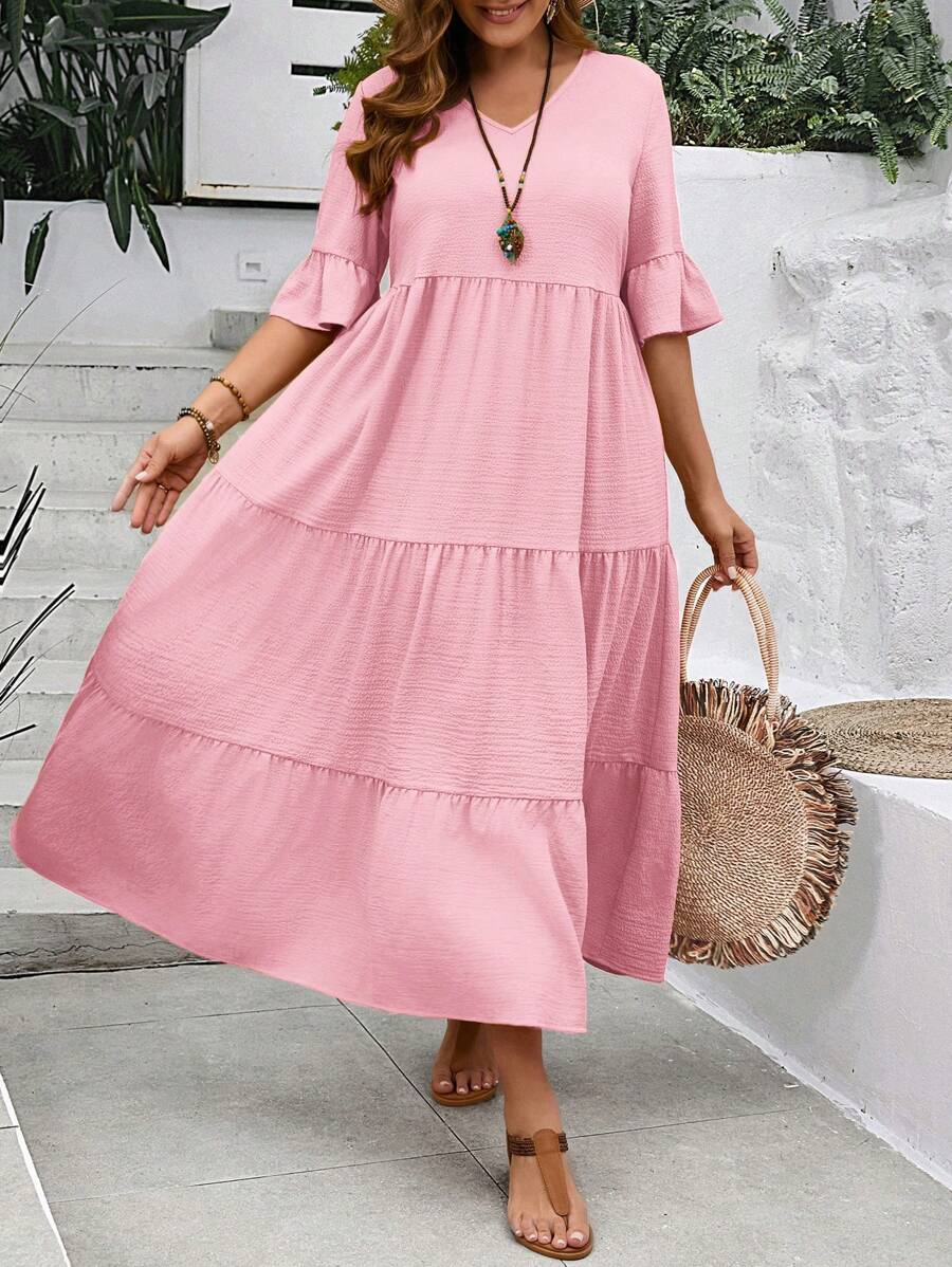 EMERY ROSE Vestido largo amarillo con cuello en V profundo, mangas con volantes y bajo con varios volados para mujer talla grande de verano - Rosa - Ver 1