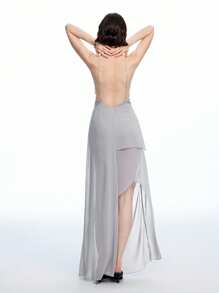 LYSMO 女式不对称荷叶边领口腰部垂坠露背开衩解构设计透视长裙，派对性感风格 - 灰色 - 查看 2