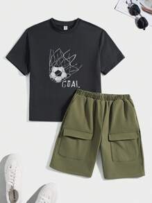 Tween Boys Football Print Black T-Shirt & Military Green Cargo Shorts Set,Summer Casual Vacation School Travel Outdoor Sports Soft Outfit - Multicolor - View 2