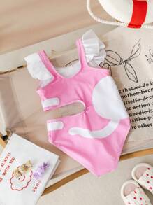 SHEIN Traje de baño de una pieza con mangas cortas y decoración de gato hueco para niñas jóvenes