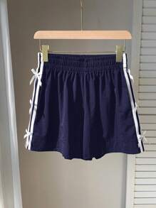 Comfortcana Navy Blue Casual Women's Shorts With Side White Stripe And Bow Detail, Summer,Flowy Shorts