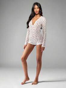 MISSGUIDED Mono de manga larga con estampado de cerezas, de punto acogedor, de estilo vintage, inspiración retro para primavera y verano, pijama de mono corto - Multicolor - Ver 3