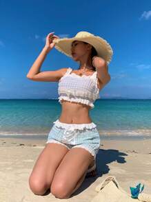 Zolique Women's Cotton Linen Shorts With Floral Patchwork Ruffle & Check Pattern, Casual & Cute, Summer Beach Outfits For Woman Resort Wear - Multicolor - View 6